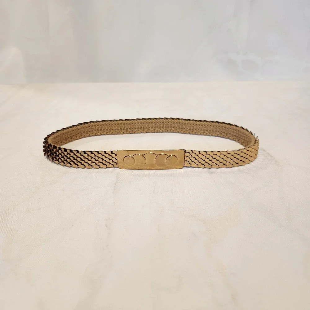 Vintage Fish Scales Belt 70s Gold Tone Stretch Elastic Hook Buckle Small 19.5 in